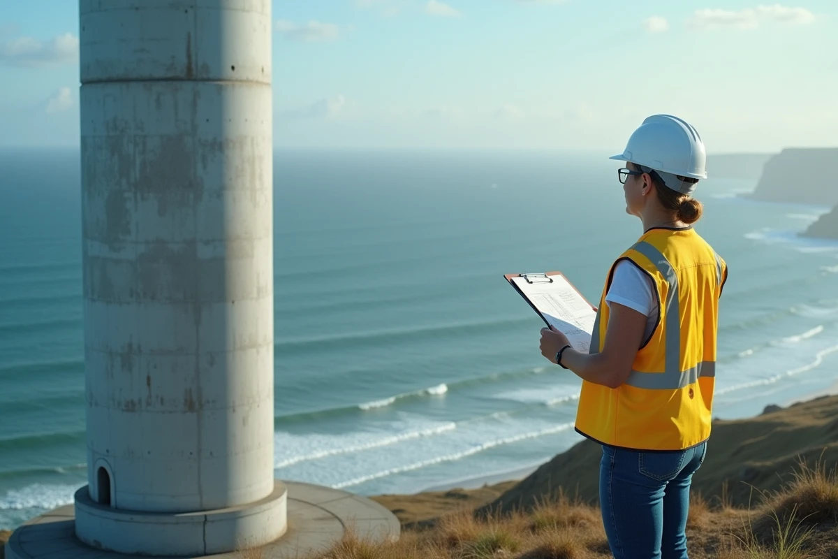 Ingénieure inspectant une éolienne en bord de falaise côtière, symbolisant le développement des énergies renouvelables face aux sources fossiles