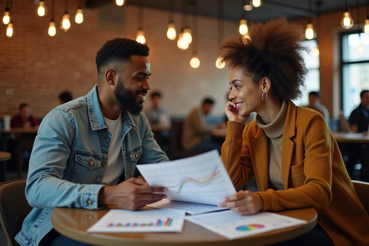 Deux ingénieurs en machine learning discutant des différences entre LLM et LSTM autour de documents de recherche dans un espace de coworking