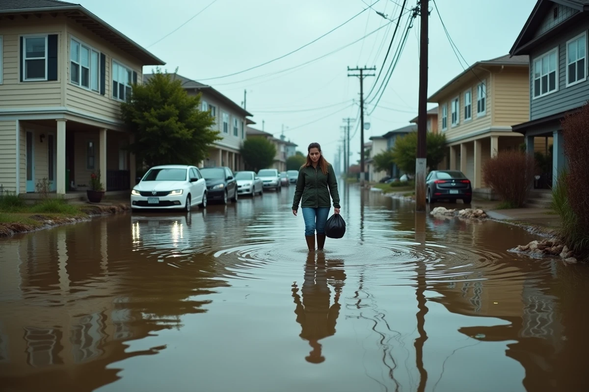 Quartier côtier inondé après une montée des eaux, une femme traversant une rue submergée illustrant les conséquences du changement climatique sur les zones urbaines littorales