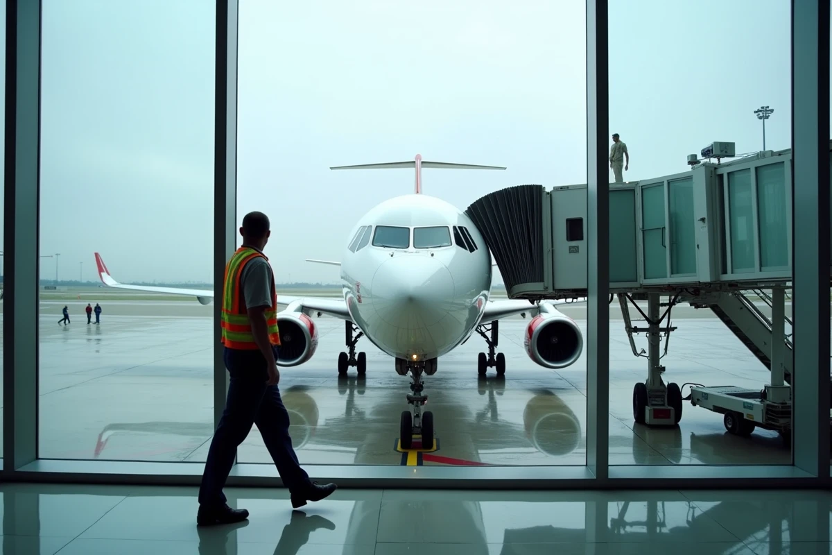 Technicien effectuant une inspection pré-vol sur un avion commercial dans un aéroport international moderne