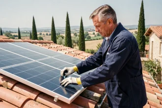 Technicien installant des panneaux solaires sur le toit d'une maison provençale en France