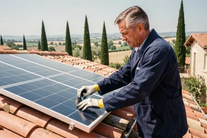 Technicien installant des panneaux solaires sur le toit d'une maison provençale en France