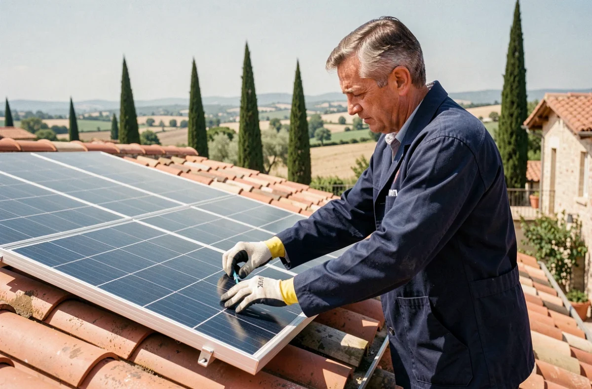 Technicien installant des panneaux solaires sur le toit d'une maison provençale en France