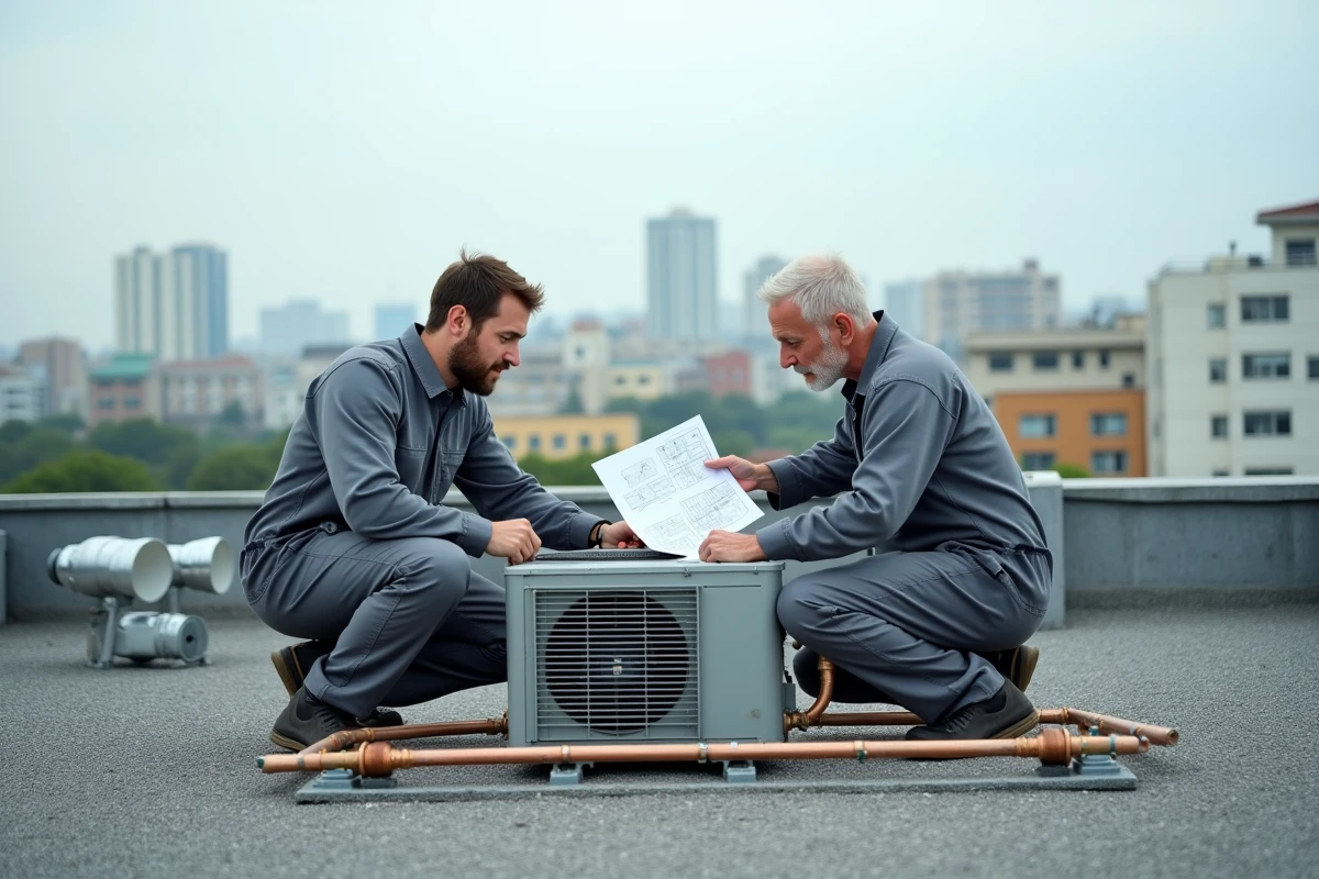 Techniciens installant une pompe à chaleur sur le toit d'un immeuble résidentiel dans le cadre d'une rénovation énergétique