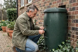 Homme installant un récupérateur d'eau de pluie contre un mur de briques dans un jardin suburban