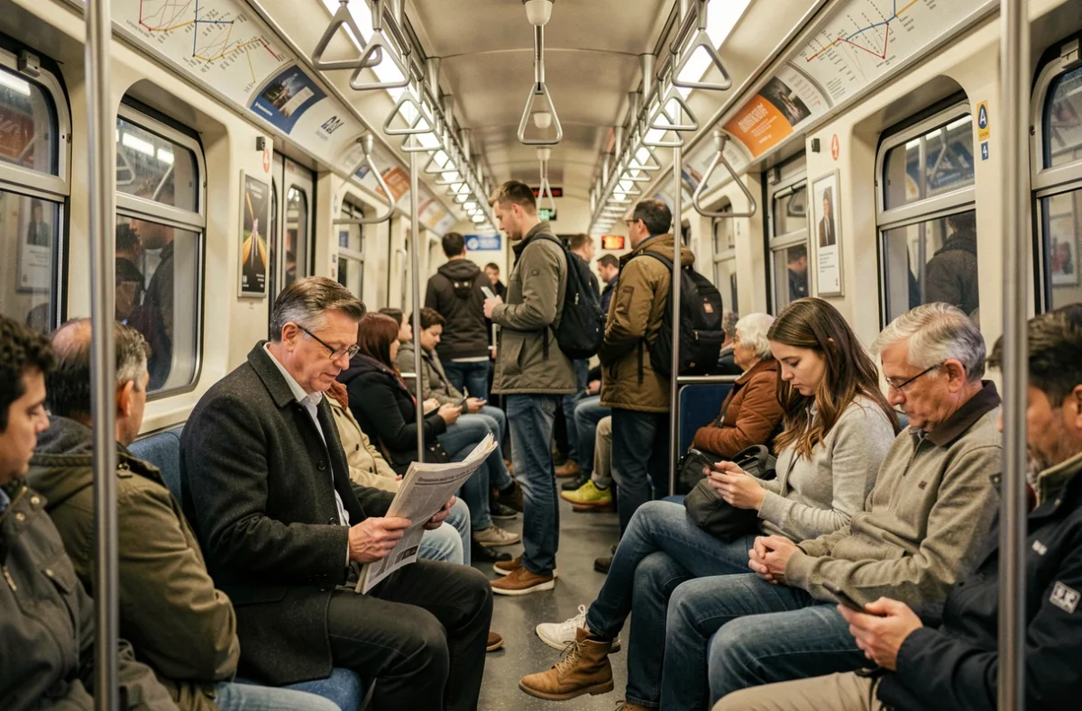Passagers dans une rame de la ligne 4 du métro de Paris lors d'un trajet quotidien