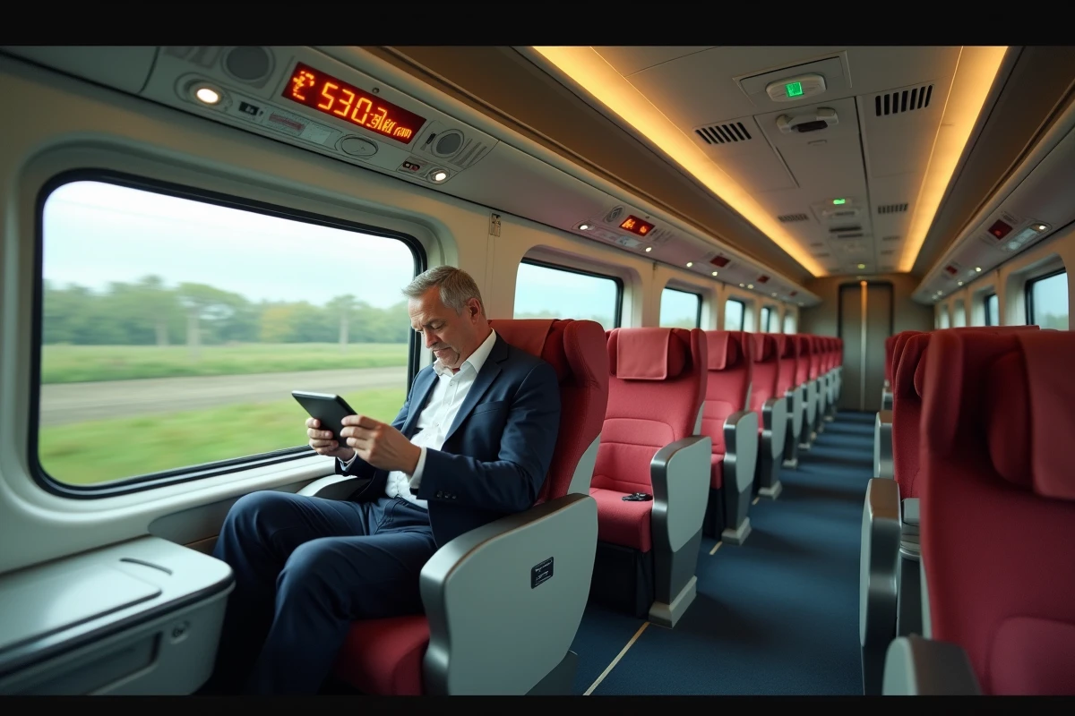 Intérieur d'un train à grande vitesse chinois CRH avec affichage de vitesse et passager