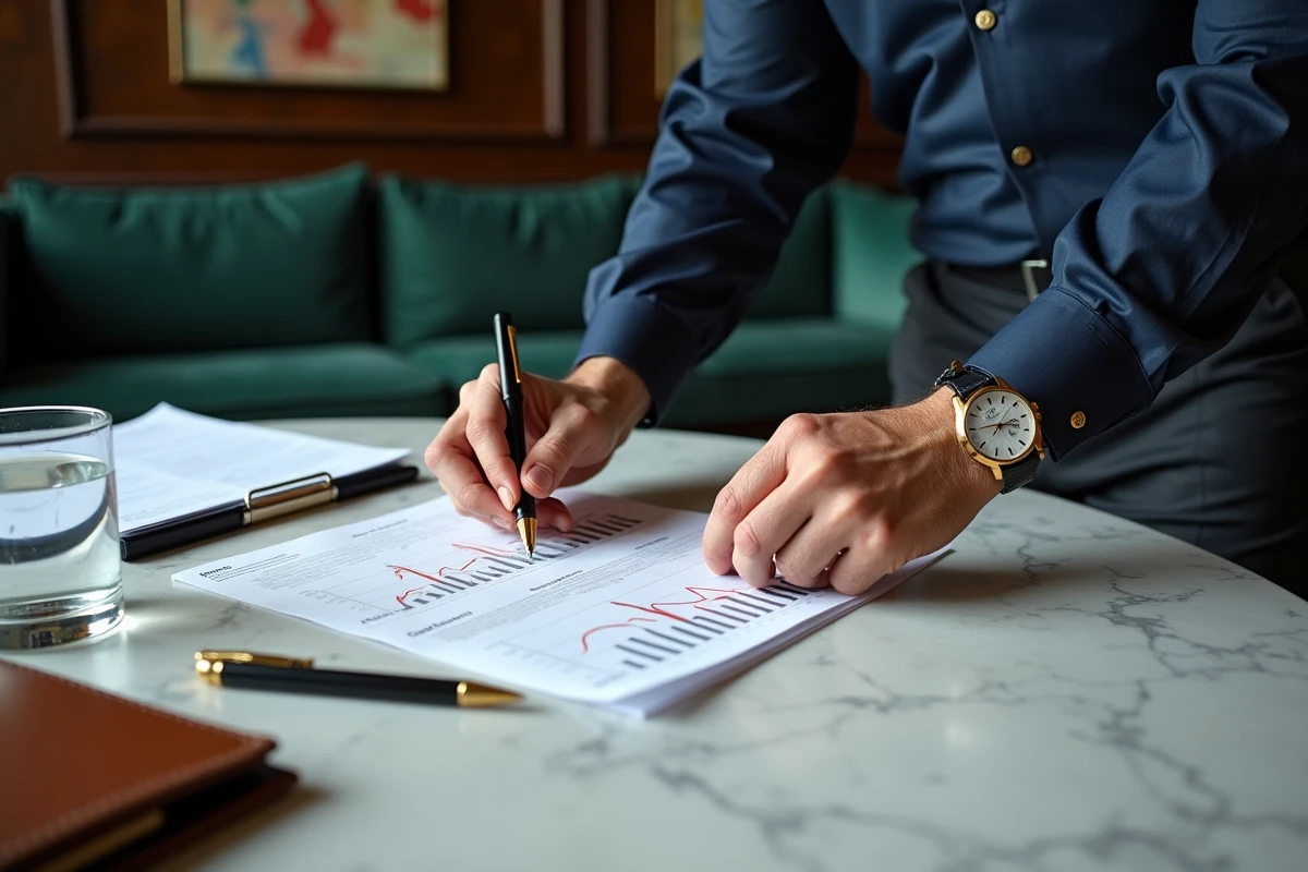 Mains d'un investisseur fortuné portant une montre de luxe organisant des graphiques de placement sur une table en marbre dans un club privé