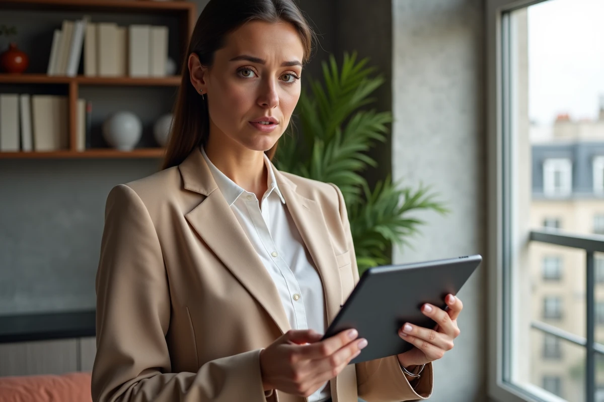 Investisseuse consultant son portefeuille SCPI en baisse sur une tablette dans un appartement parisien