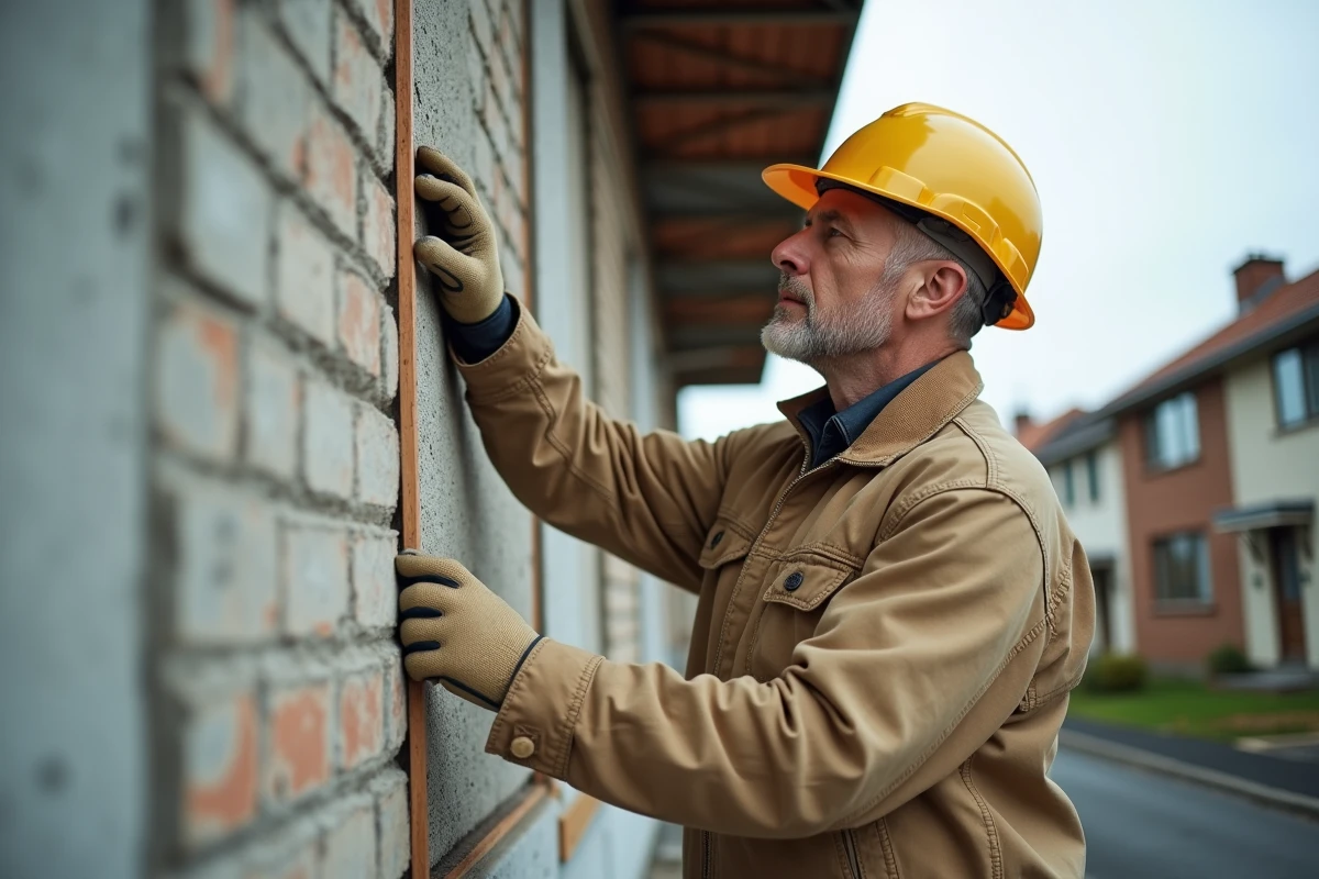Ouvrier installant des panneaux d'isolation thermique par l'extérieur sur la façade d'un bâtiment en rénovation énergétique