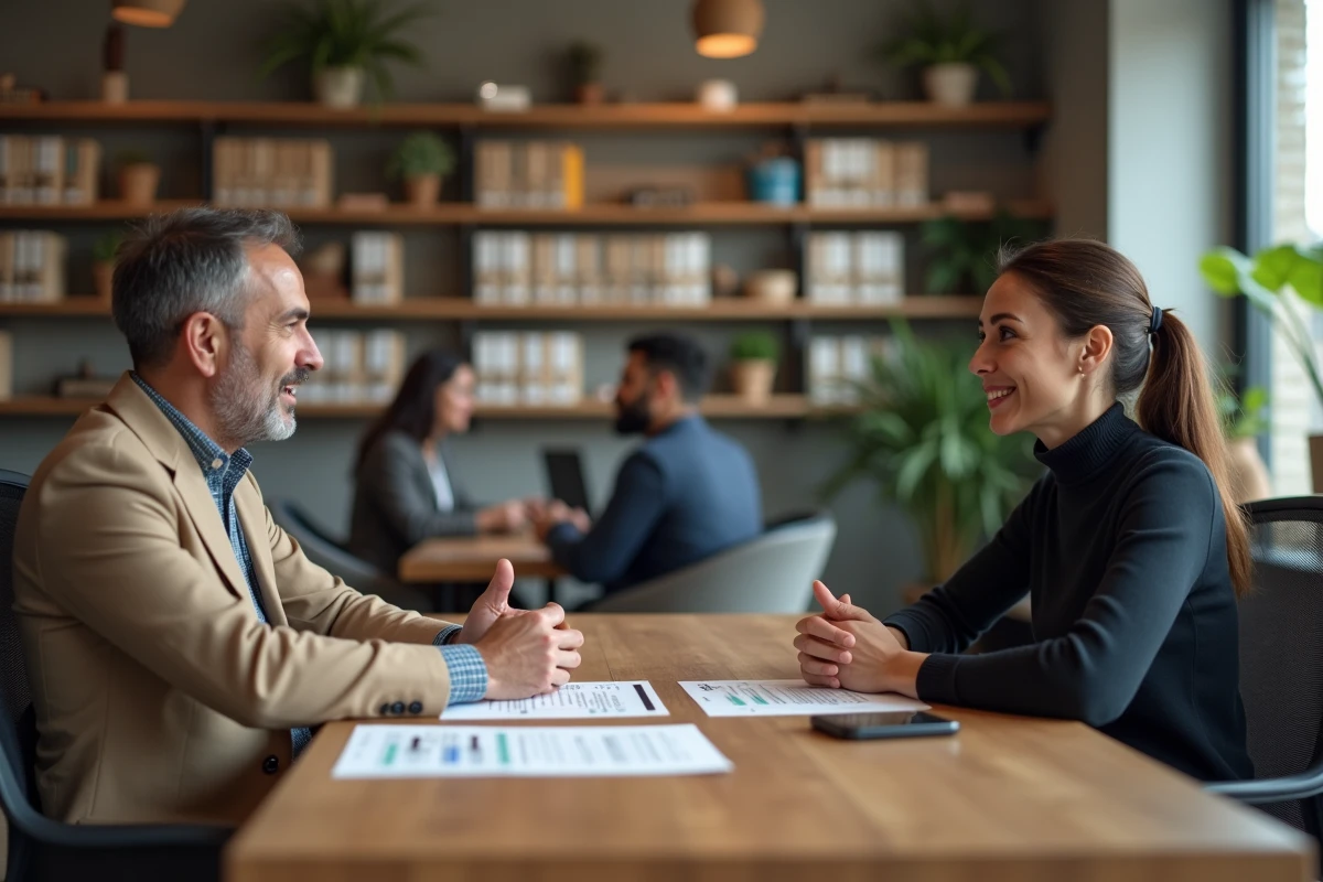 Deux collègues pratiquant la méthode CAB en jeu de rôle commercial dans un espace de coworking moderne