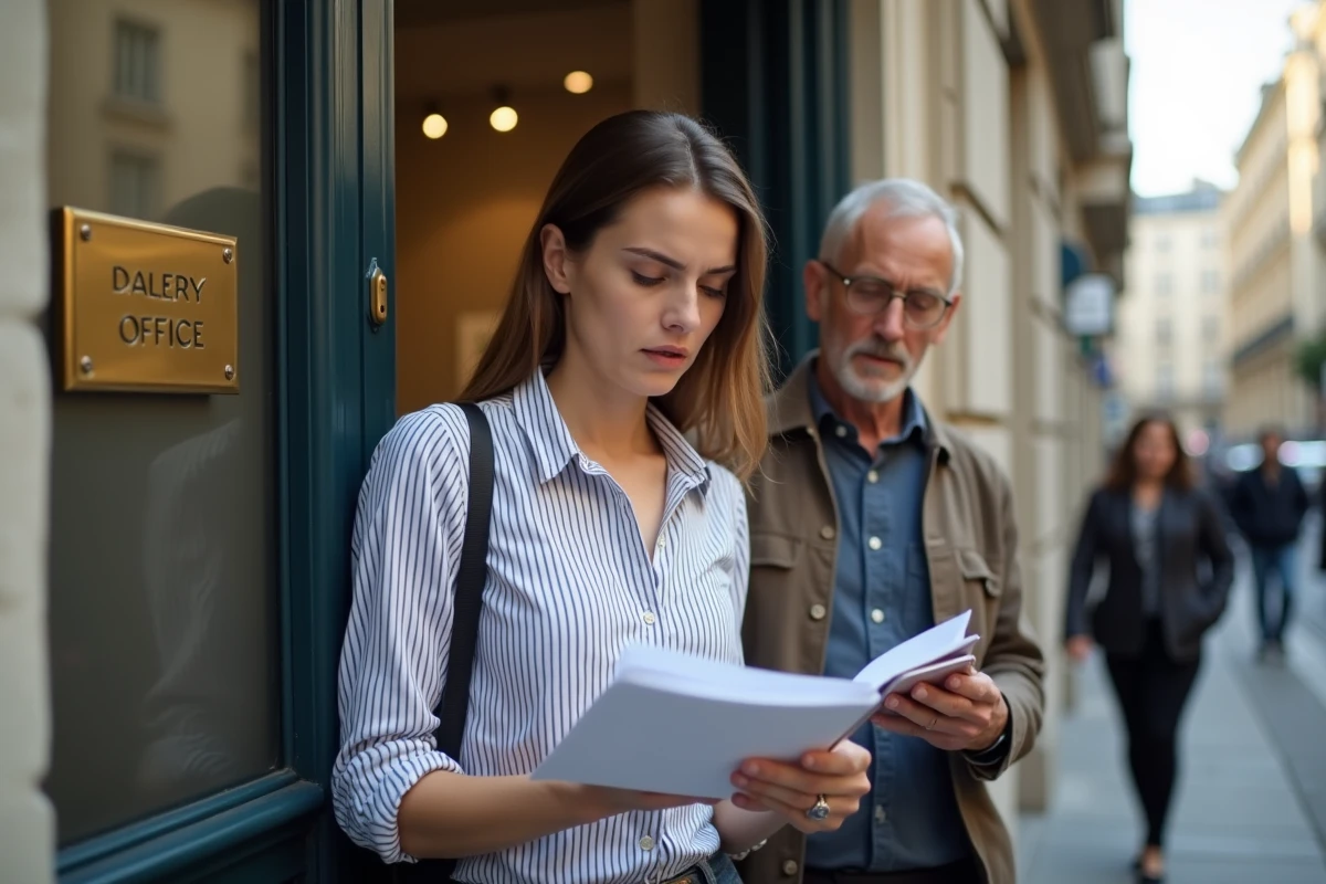 Jeune femme adulte accompagnée de ses parents devant un bureau de notaire ou une banque, tenant des documents liés à des dettes