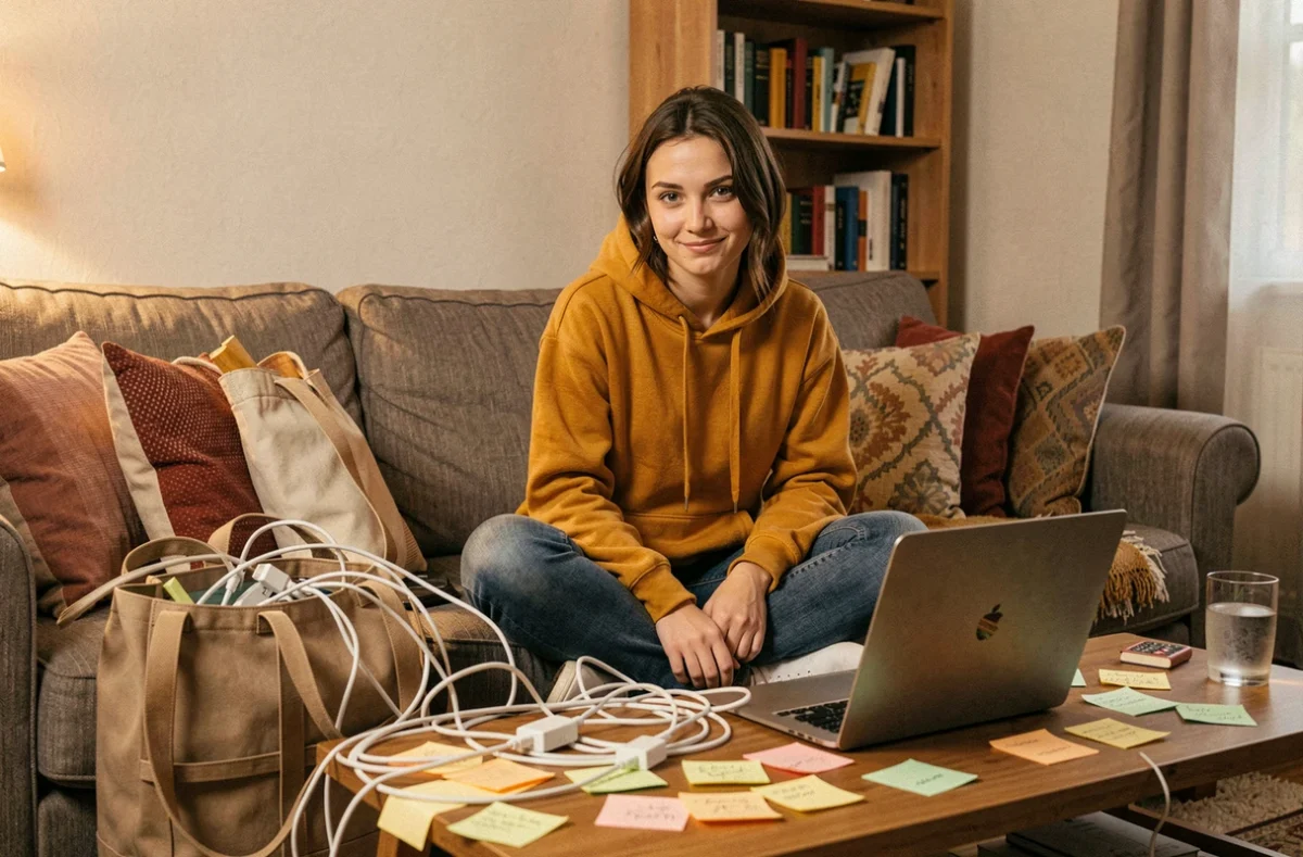 Jeune femme souriante entourée de câbles et de notes dans un salon encombré, humour et chaos du quotidien moderne