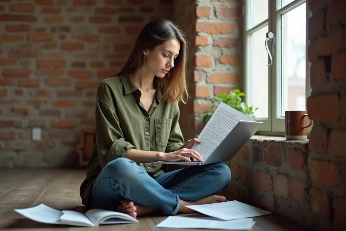 Jeune femme vérifiant et tapant une citation académique sur son ordinateur portable dans un espace de travail à domicile chaleureux