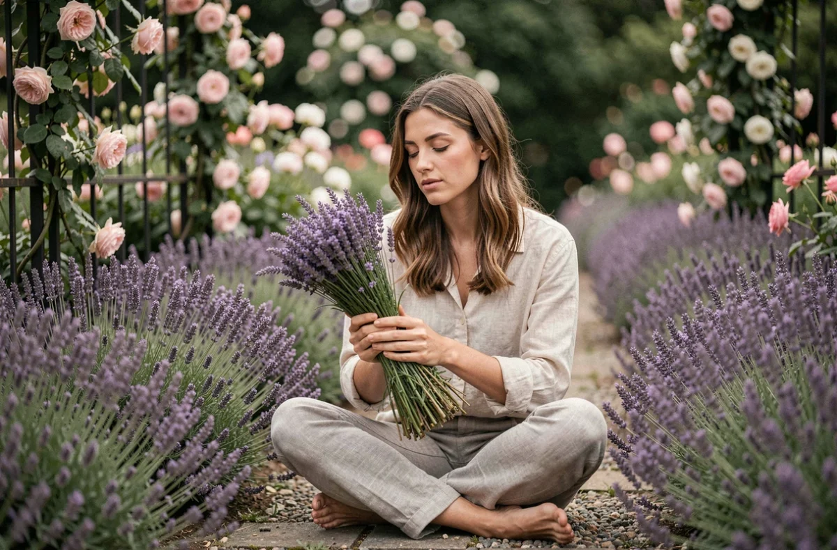 Jeune femme assise dans un jardin fleuri tenant un bouquet de lavande, moment de détente et de pleine conscience grâce au jardinage