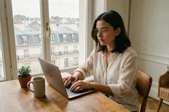 Jeune femme en télétravail dans un appartement parisien avec vue sur les toits de la ville