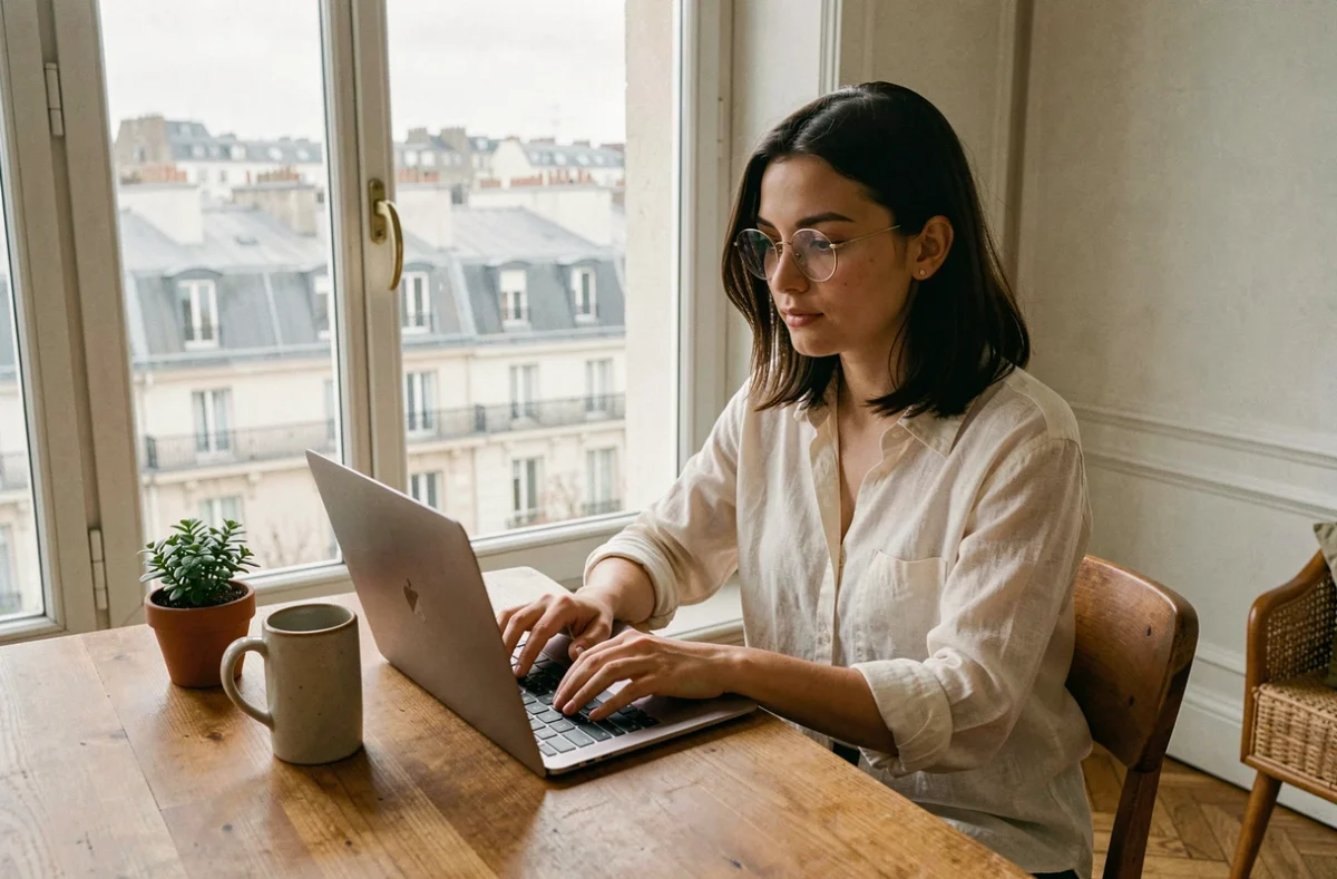 Jeune femme en télétravail dans un appartement parisien avec vue sur les toits de la ville