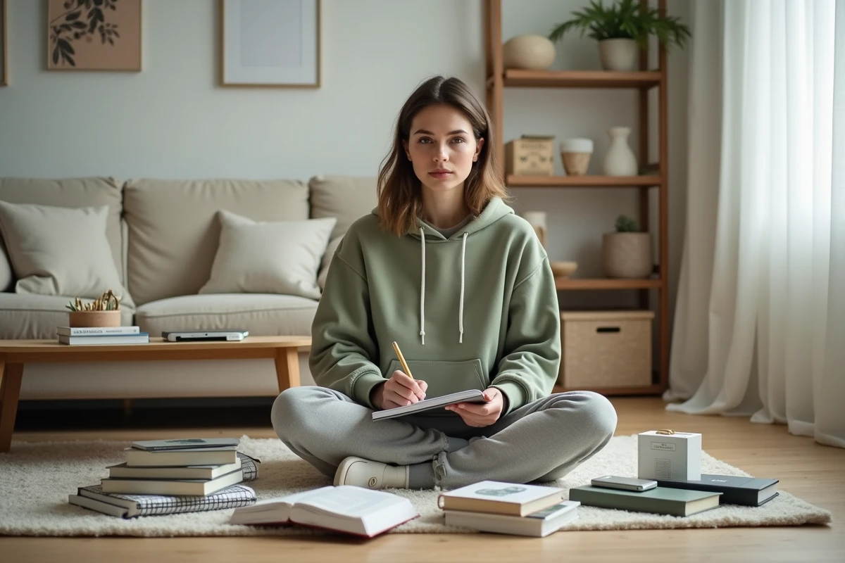 Jeune femme assise entourée d'objets triés dans un salon minimaliste, appliquant la règle 90-90 pour désencombrer