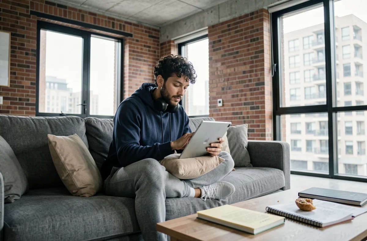 Jeune homme en télétravail sur canapé dans un loft urbain moderne avec vue sur la ville