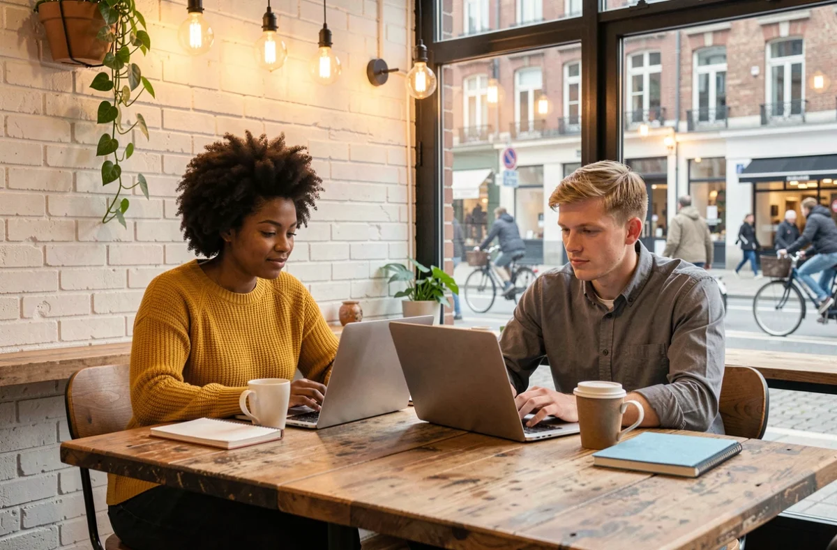 Deux jeunes professionnels en télétravail dans un café branché d'une grande ville européenne