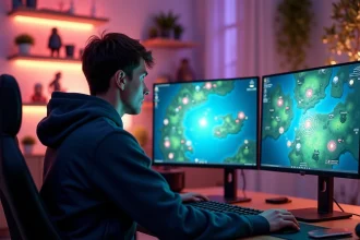 Joueur de jeu vidéo en ligne concentré devant ses écrans affichant une carte de portails fantasy, setup gaming moderne avec double moniteur