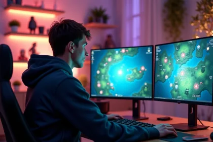 Joueur de jeu vidéo en ligne concentré devant ses écrans affichant une carte de portails fantasy, setup gaming moderne avec double moniteur