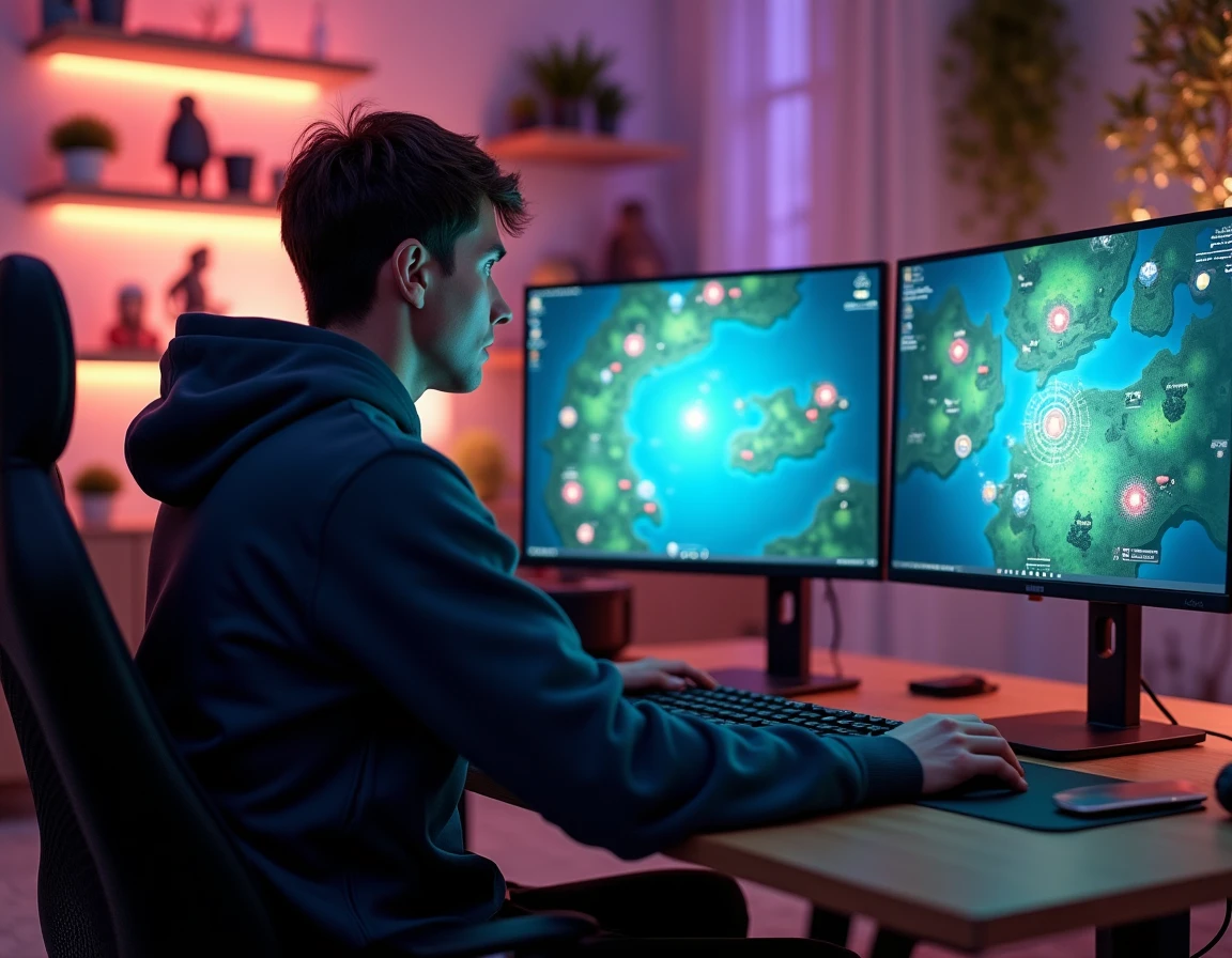Joueur de jeu vidéo en ligne concentré devant ses écrans affichant une carte de portails fantasy, setup gaming moderne avec double moniteur