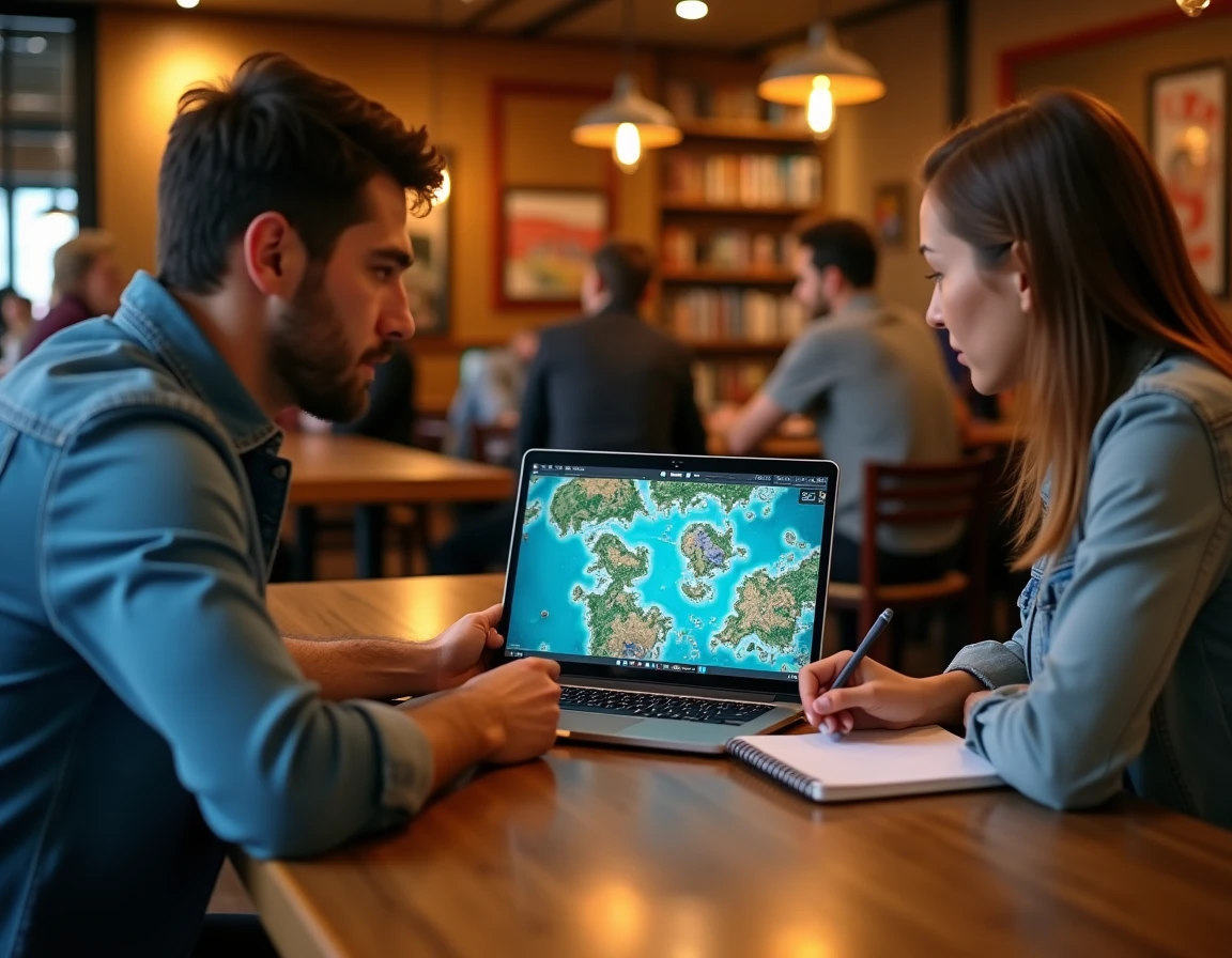 Deux joueurs collaborant autour d'un ordinateur portable dans un café gaming pour planifier leurs chasses aux portails dans un MMORPG fantasy
