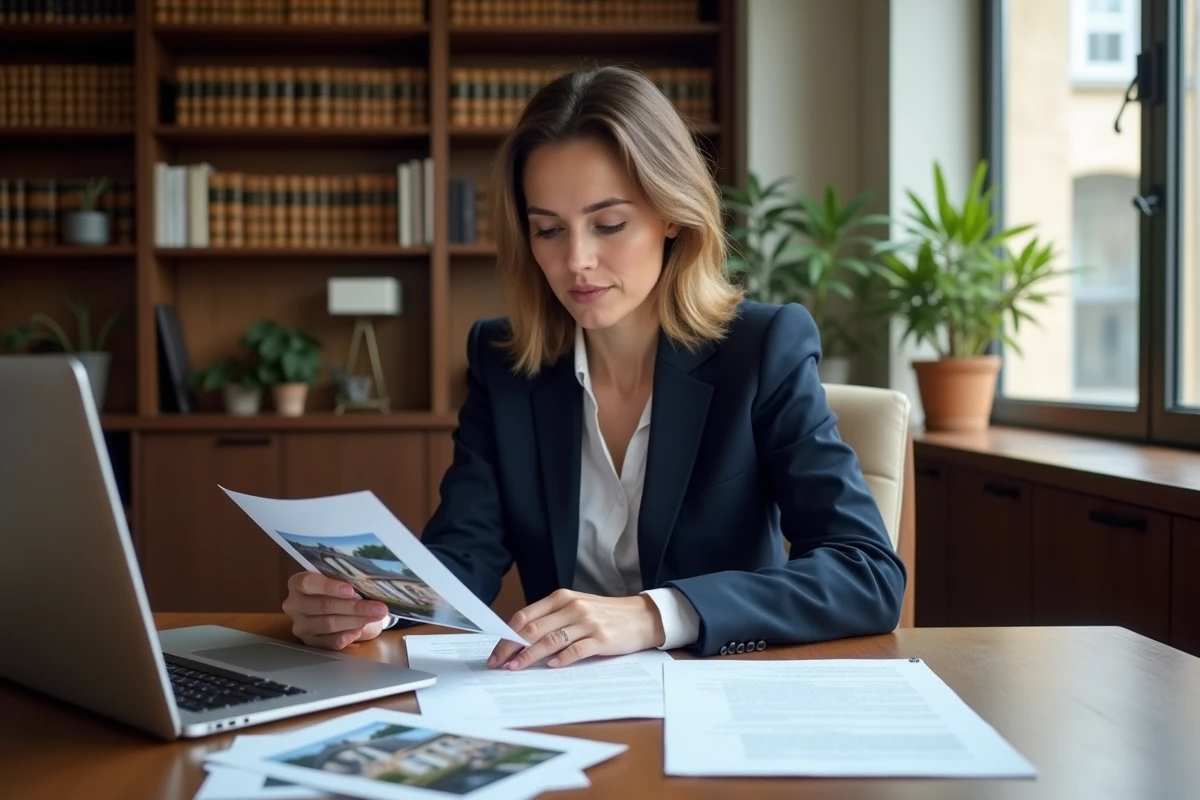 Femme juriste examinant des photographies de maisons et des documents légaux dans un bureau de droit immobilier