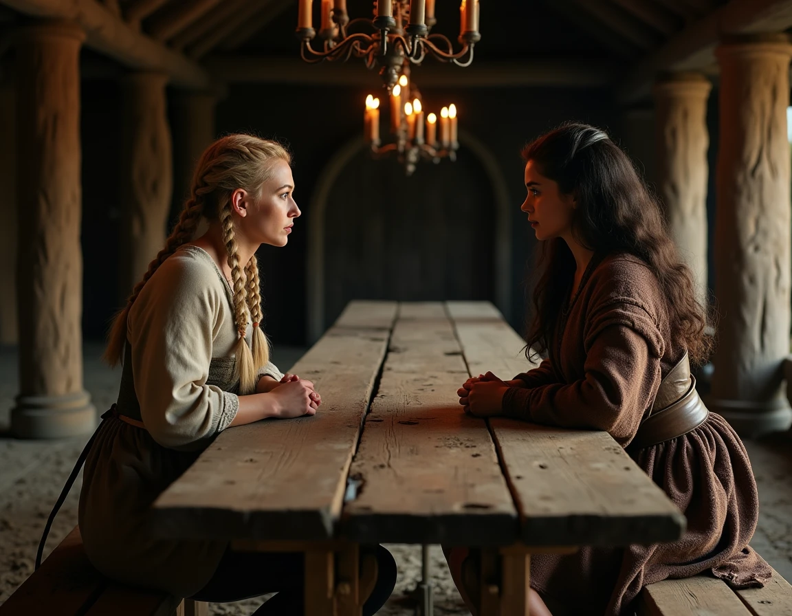 Deux femmes vikings en costumes historiques nordiques face à face dans une grande salle médiévale scandinave, illustrant la rivalité entre Lagertha et Aslaug dans la saga de Ragnar Lothbrok