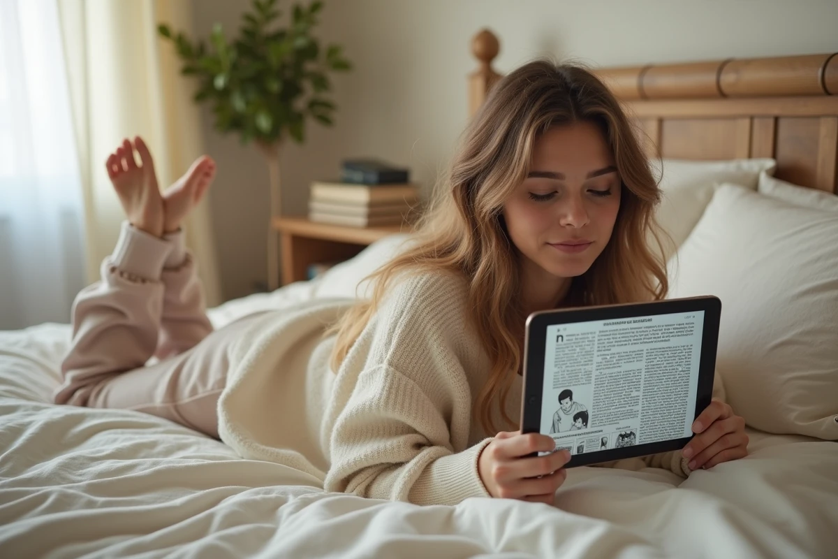Jeune femme lisant des scans manga en français sur une tablette allongée sur son lit