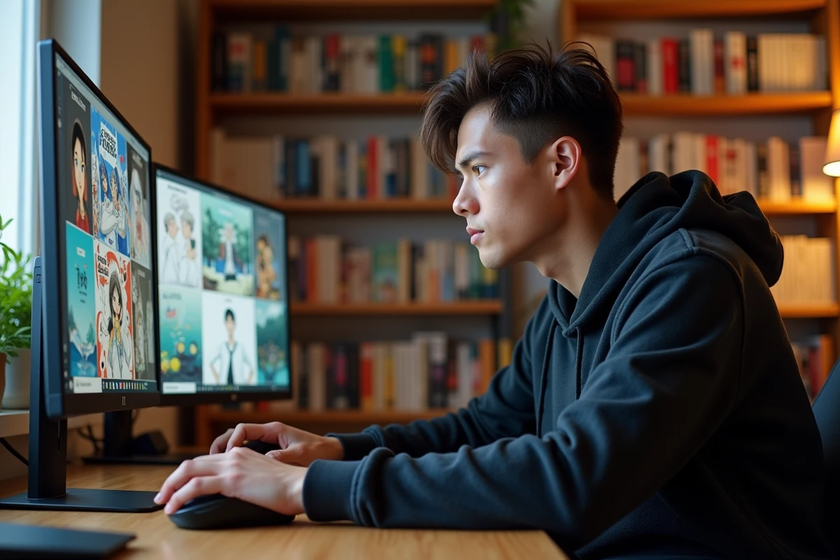 Jeune homme lisant des scans de manga en VF sur un ordinateur dans un bureau à domicile