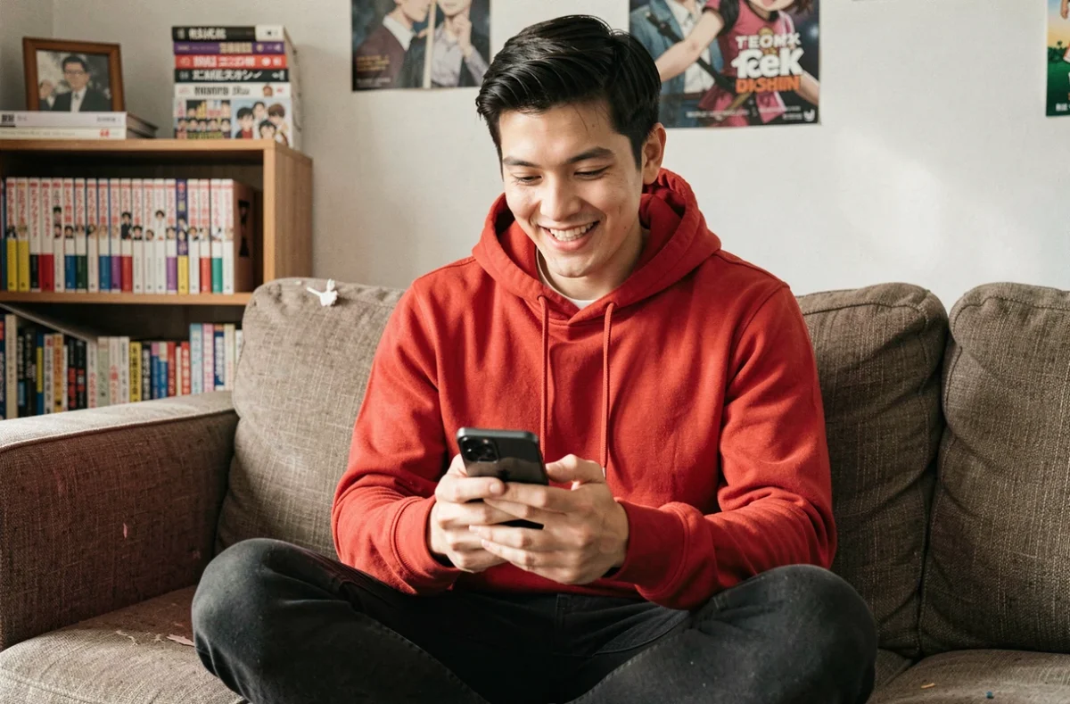 Jeune homme lisant le scan One Piece sur smartphone dans son salon entouré de mangas