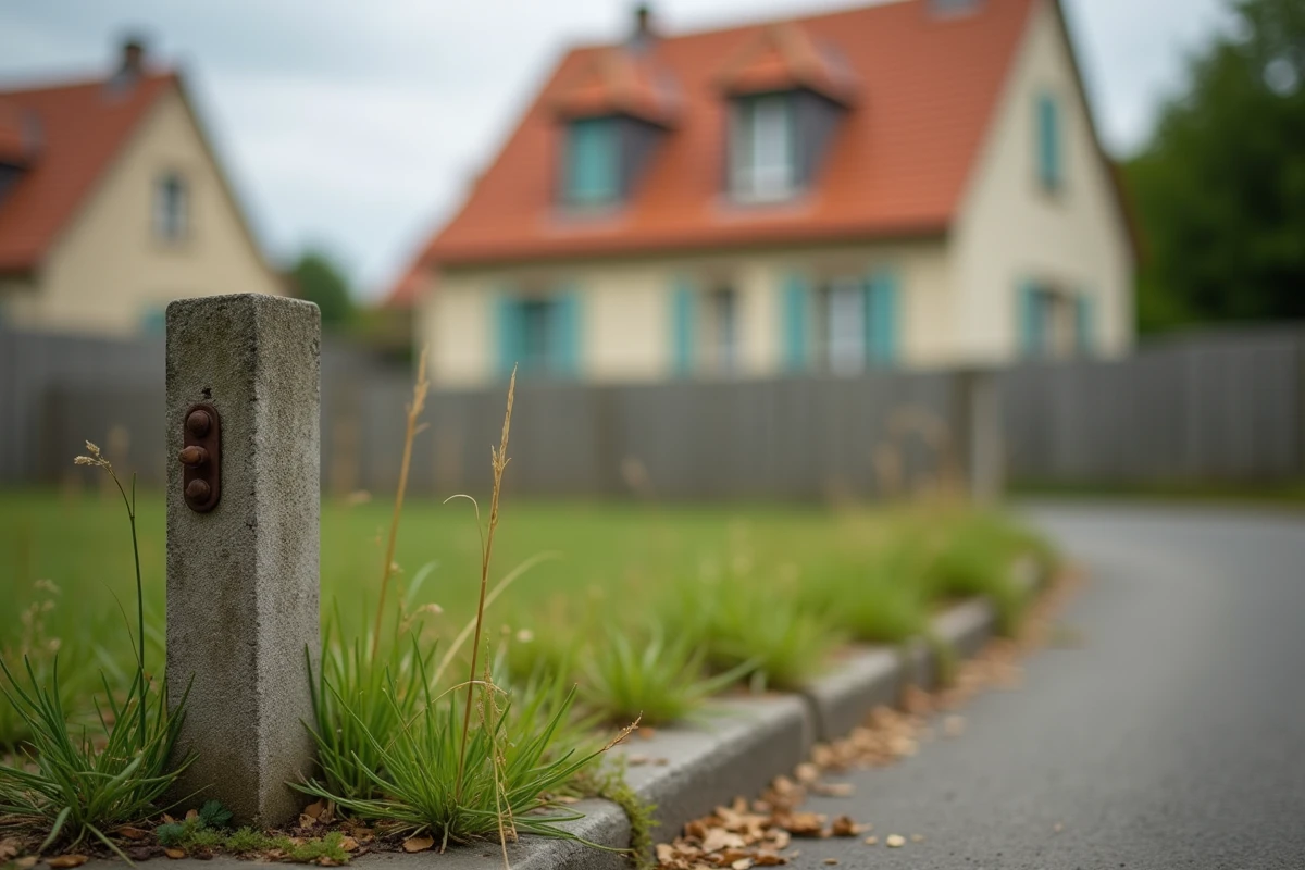 Borne de limite de propriété au premier plan avec maison résidentielle française floue en arrière-plan symbolisant les droits de propriété