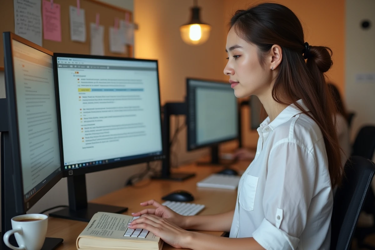 Jeune traductrice utilisant un logiciel de mémoire de traduction sur double écran dans un espace de coworking
