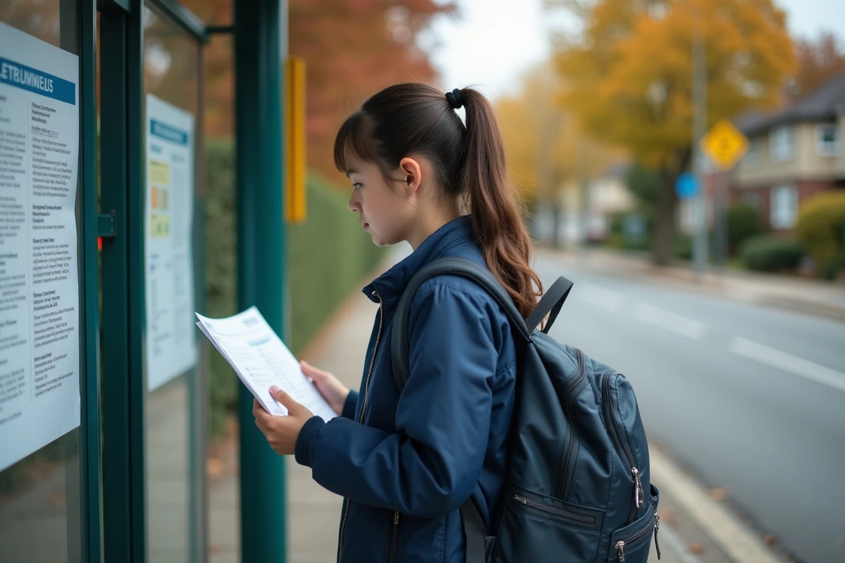 Lycéenne consultant les horaires du bus 172 à un arrêt de bus suburban en automne