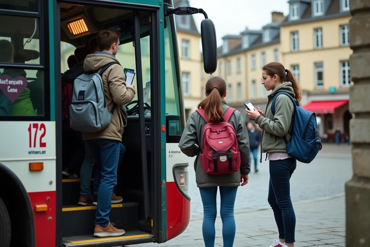Groupe de lycéens montant dans le bus 172 en centre-ville lors d'un trajet scolaire matinal
