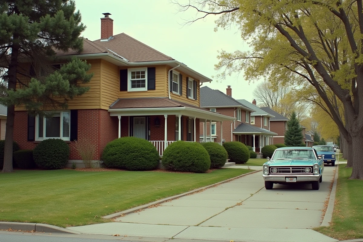 Maison familiale canadienne typique des années 1970 dans un quartier résidentiel suburbain avec voiture d'époque
