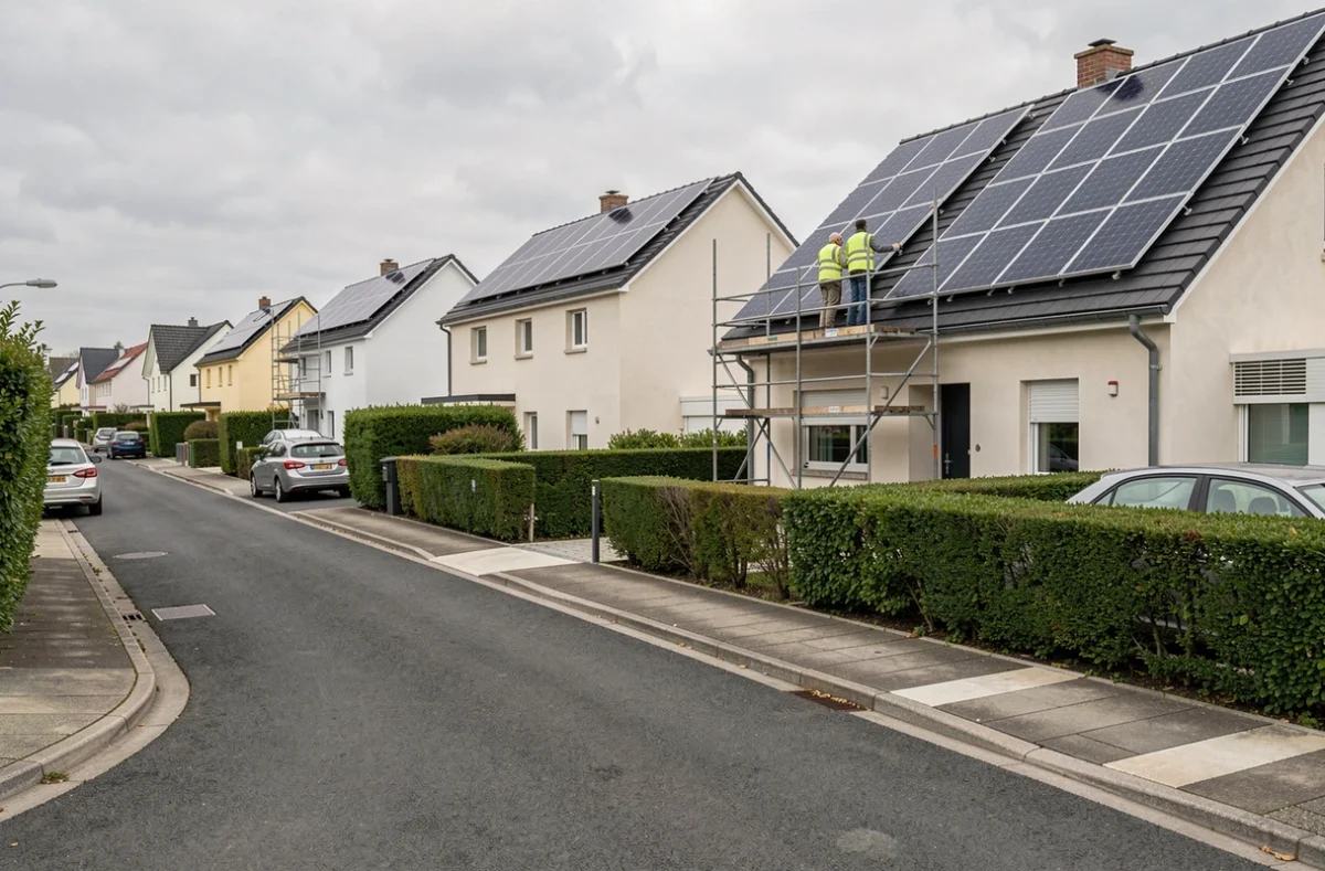 Rangée de maisons pavillonnaires françaises avec panneaux solaires installés sur les toits en banlieue