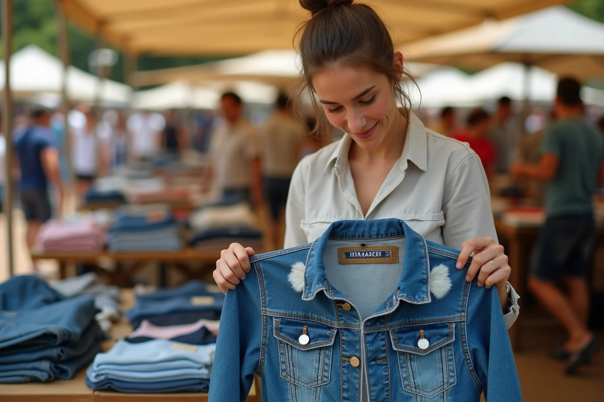 Femme examinant une veste en jean vintage sur un marché aux puces, articles de seconde main populaires