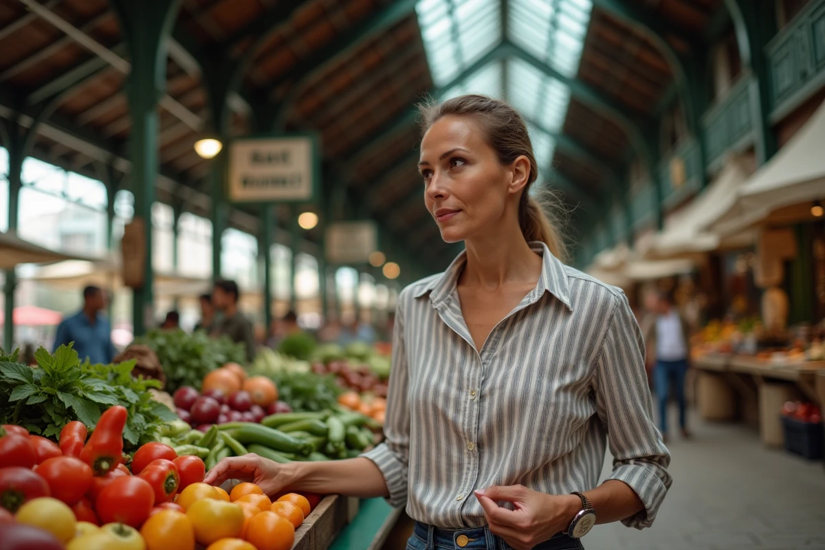 Femme faisant ses courses dans un marché couvert historique au cœur d'une aire urbaine française classée