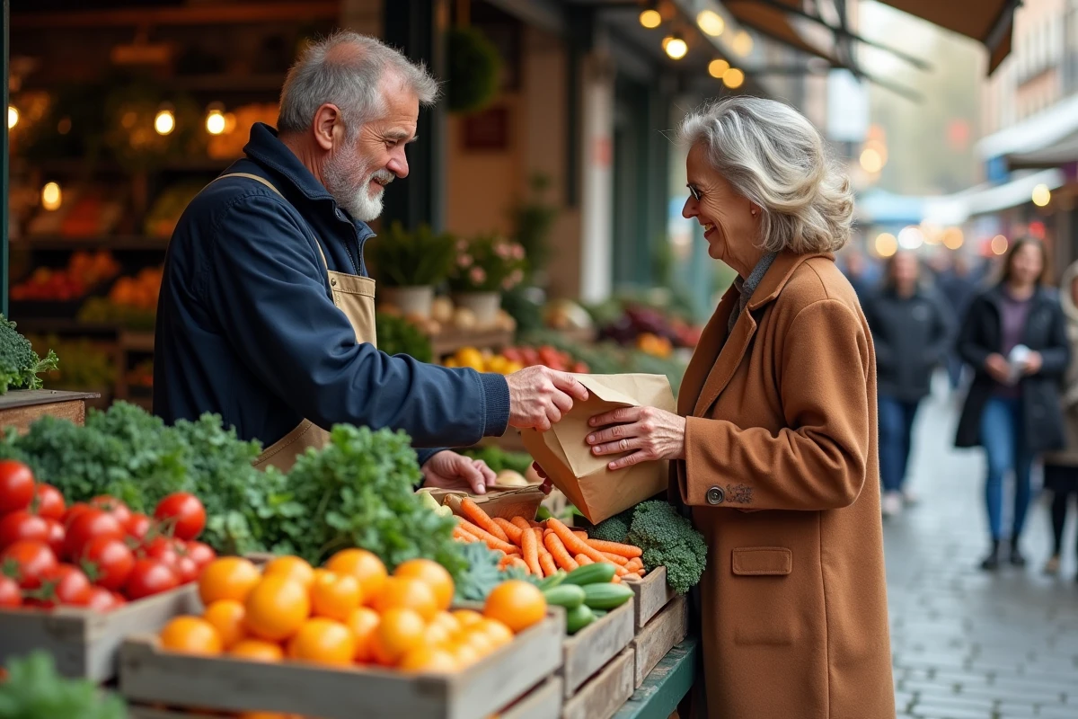 Échange au marché entre un vendeur et une cliente devant un étal de légumes et fruits frais de saison