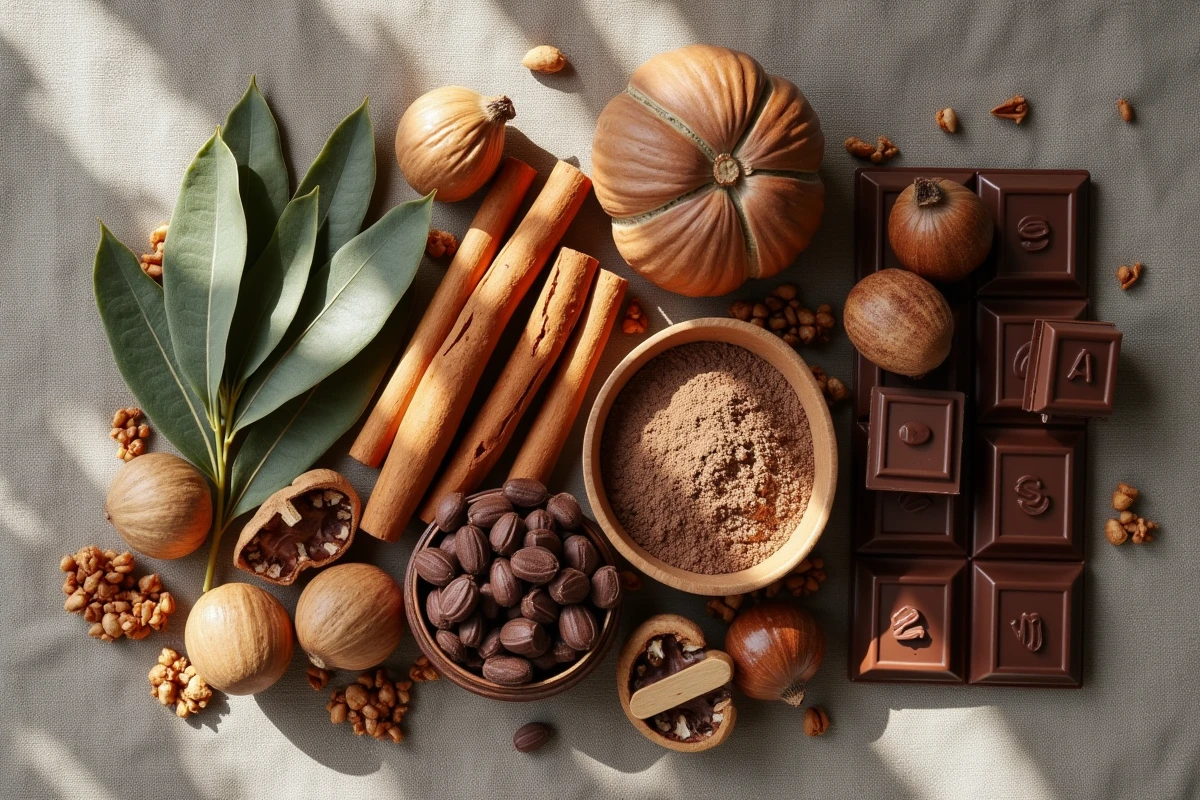 Composition à plat d'ingrédients naturels illustrant toutes les nuances de marron du kaki au chocolat noir