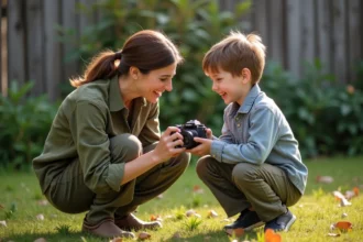 Mère apprenant à son fils à utiliser un appareil photo mirrorless dans un jardin familial en automne
