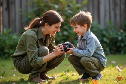 Mère apprenant à son fils à utiliser un appareil photo mirrorless dans un jardin familial en automne