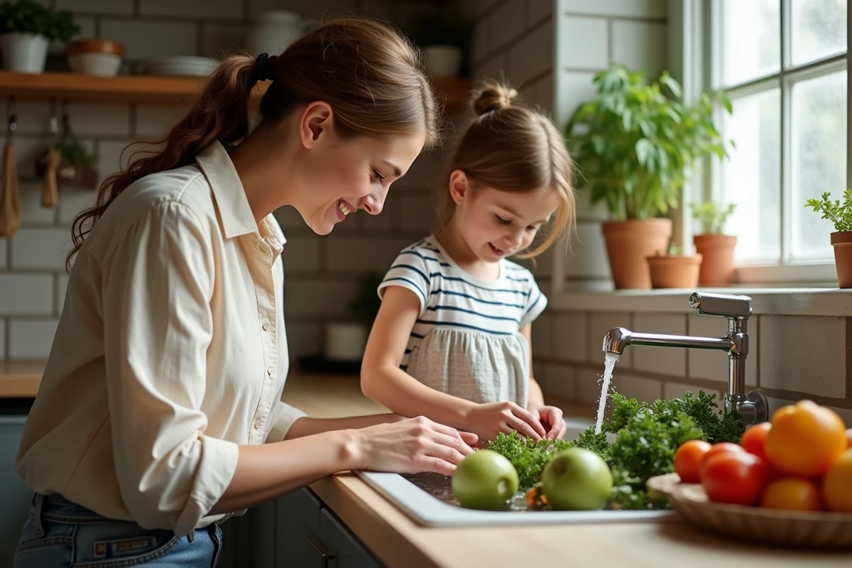 Mère et fille apprenant ensemble à cuisiner dans une cuisine familiale chaleureuse, transmission de valeurs parentales au quotidien