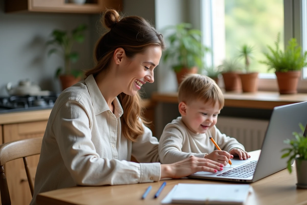 Mère télétravaillant depuis sa cuisine tout en supervisant son enfant qui dessine, illustrant la conciliation travail-famille