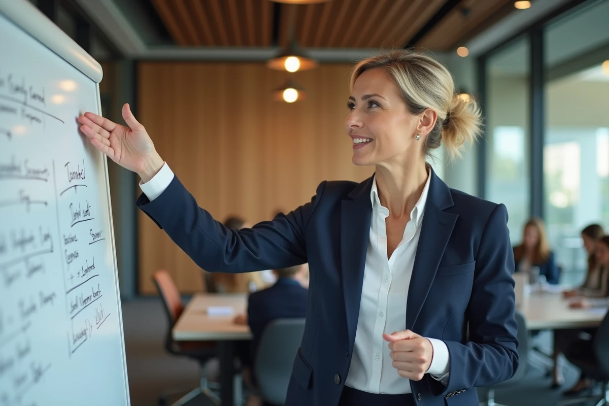 Professionnelle expliquant la méthode CAB sur un tableau blanc lors d'une présentation commerciale en entreprise