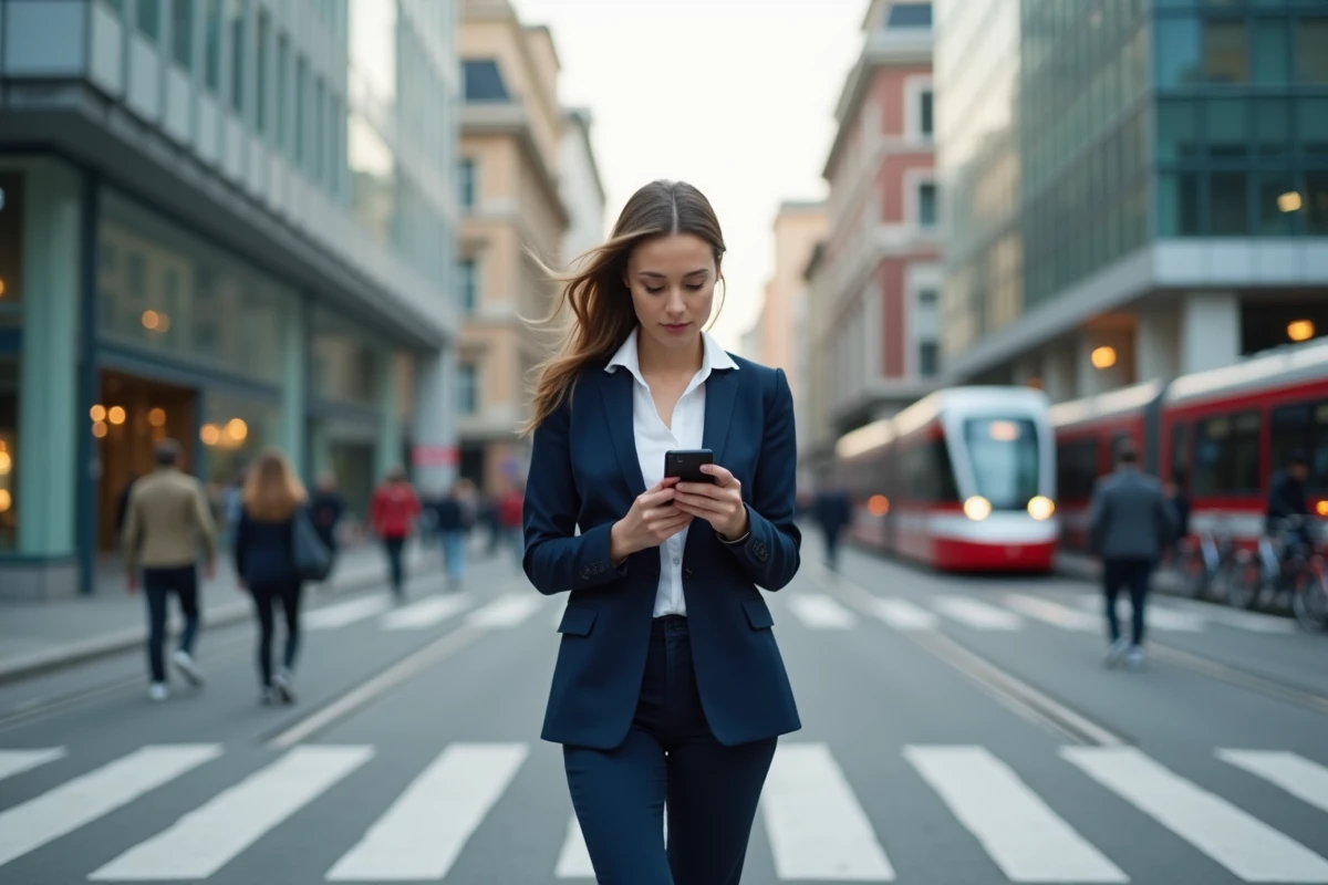 Femme professionnelle traversant une rue urbaine animée, symbolisant la mobilité quotidienne en ville
