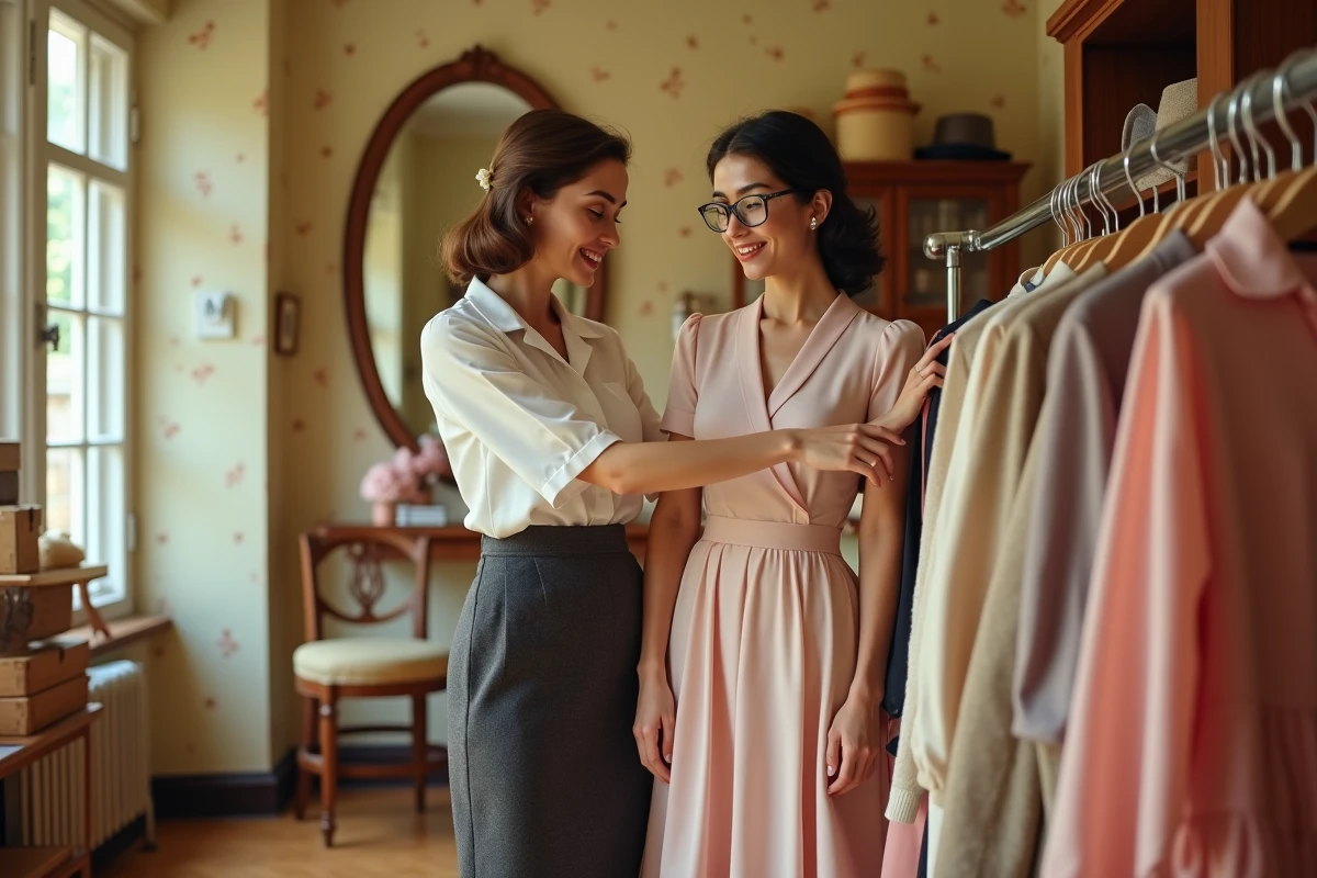 Deux femmes en tenues mode des années 1950 choisissant des vêtements vintage dans une boutique rétro élégante
